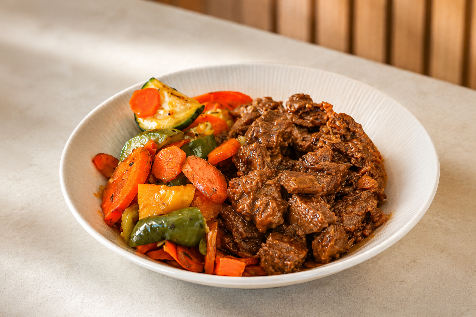 Carne tiernizada con vegetales asados