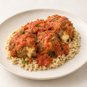 Albondigas rellenas con arroz integral y salsa
