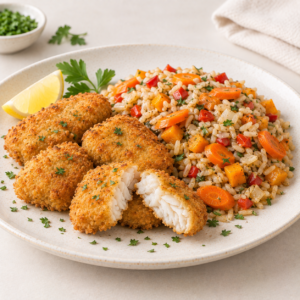 Nuggets de merluza con arroz integral y vegetales