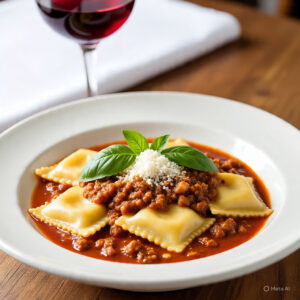 Ravioles de carne con salsa bolognesa