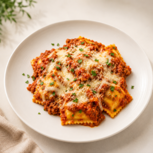 Ravioles de carne con salsa bolognesa