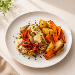 Milanesa de muslo deshuesada a la napolitana con vegetales asados