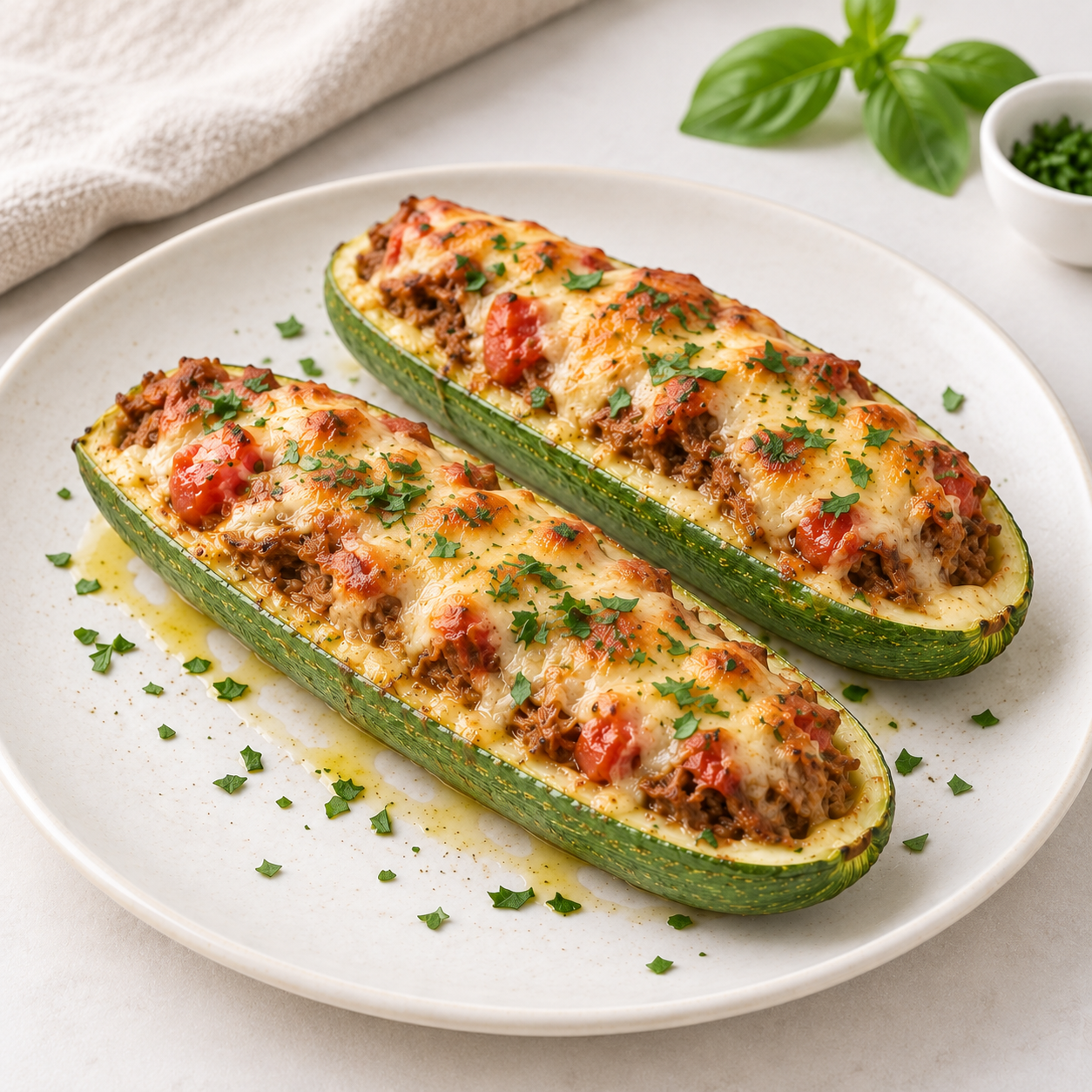 Zucchini relleno con carne desmechada y queso