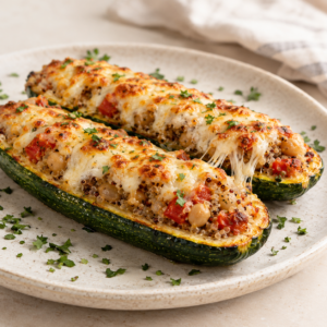 Zucchini relleno de quinoa especiada y queso